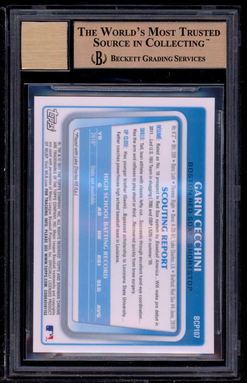 Garin Cecchini Rookie 2011 Bowman Chrome Prospects #107 BGS 9.5 (9 9.5 10 9.5) Image 2