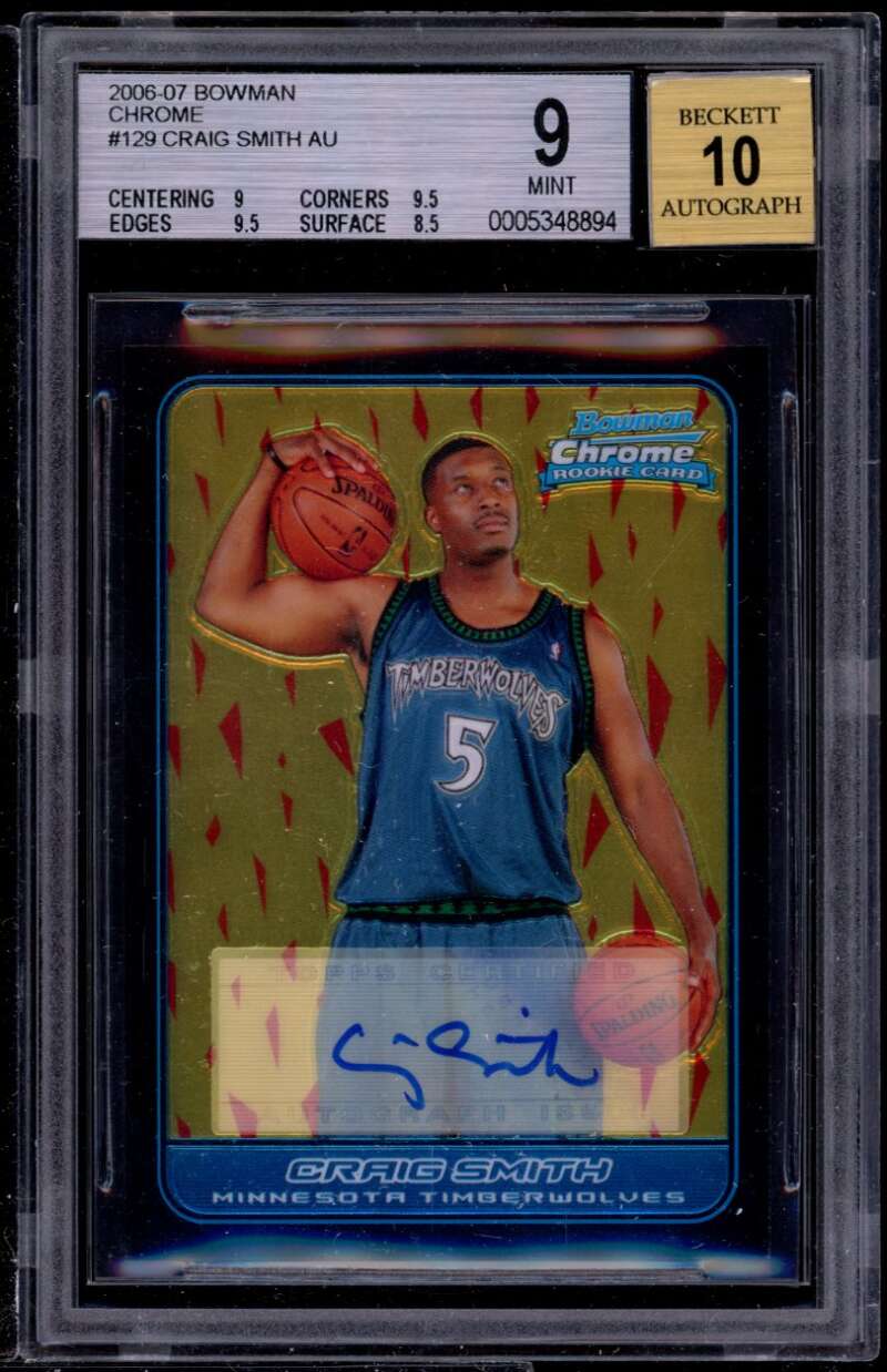 Craig Smith Rookie Card 2006-07 Bowman Chrome Auto #129 BGS 9 (9 9.5 9.5 8.5) Image 1