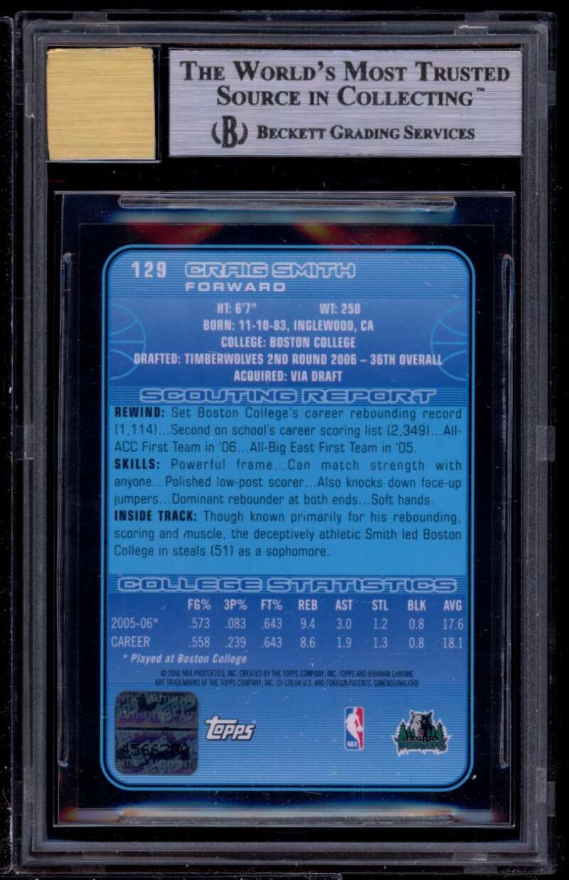 Craig Smith Rookie Card 2006-07 Bowman Chrome Auto #129 BGS 9 (9 9.5 9.5 8.5) Image 2