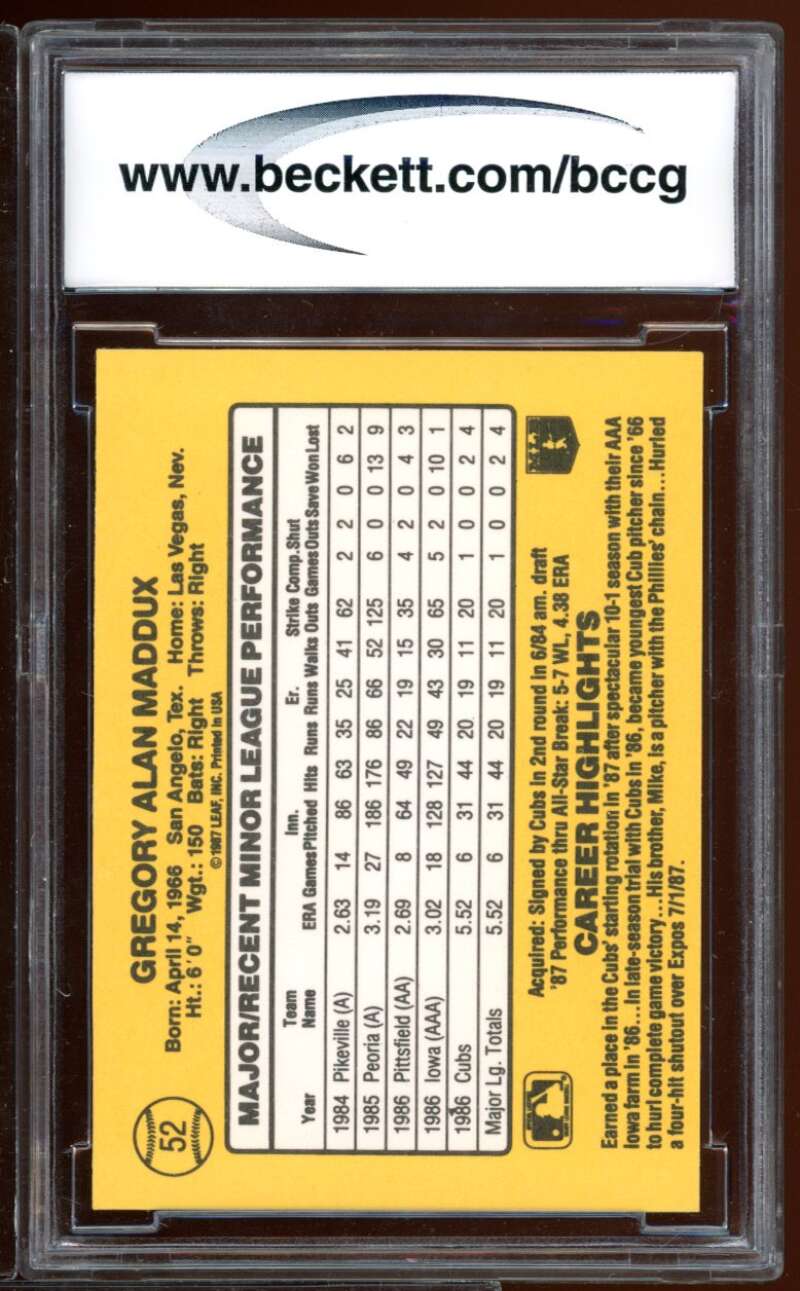 Greg Maddux Rookie Card 1987 Donruss Rookies #52 BGS BCCG 6 Image 2