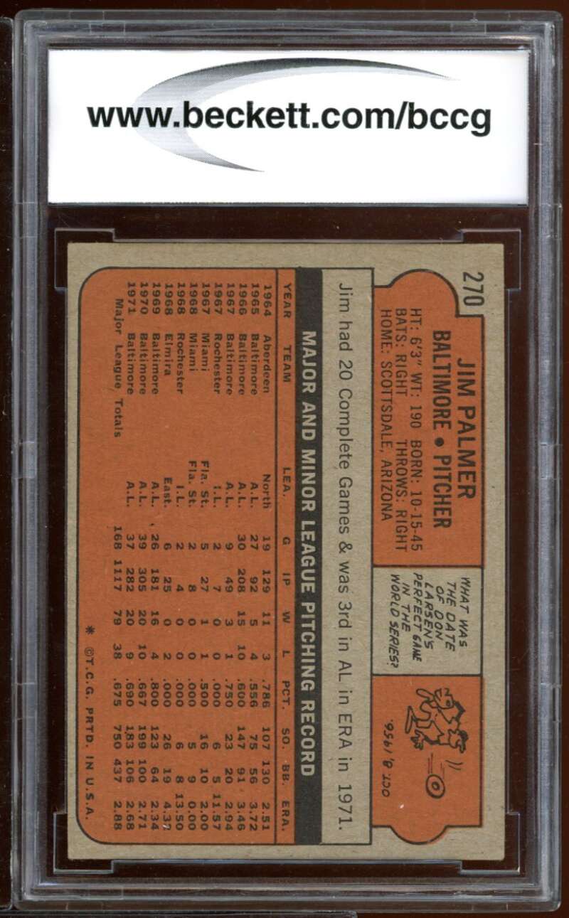 Jim Palmer Card 1972 Topps #270 BGS BCCG 7 Image 2