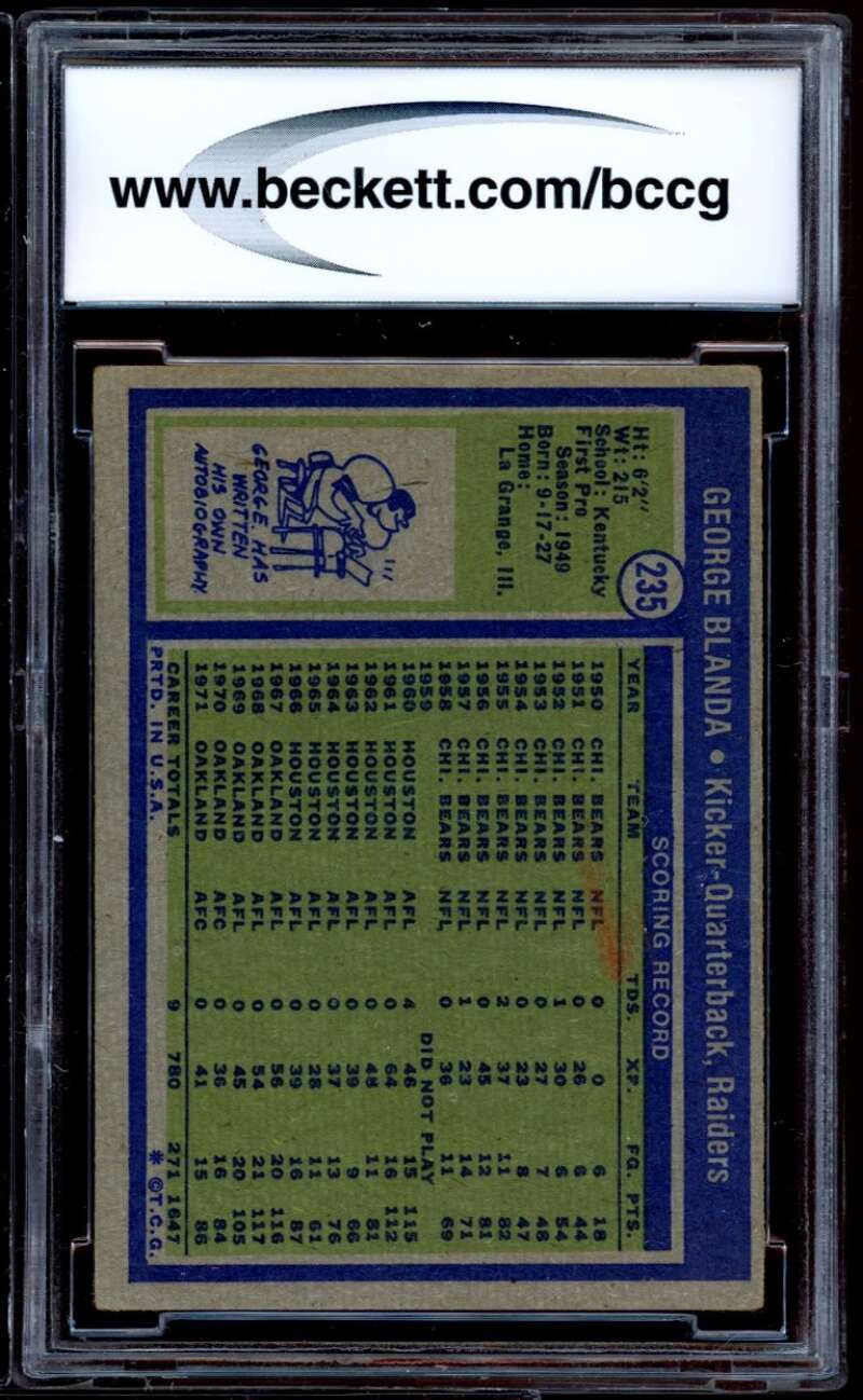 George Blanda Card 1972 Topps #235 BGS BCCG 7 Image 2