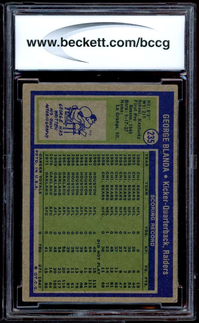 George Blanda Card 1972 Topps #235 BGS BCCG 7 Image 2