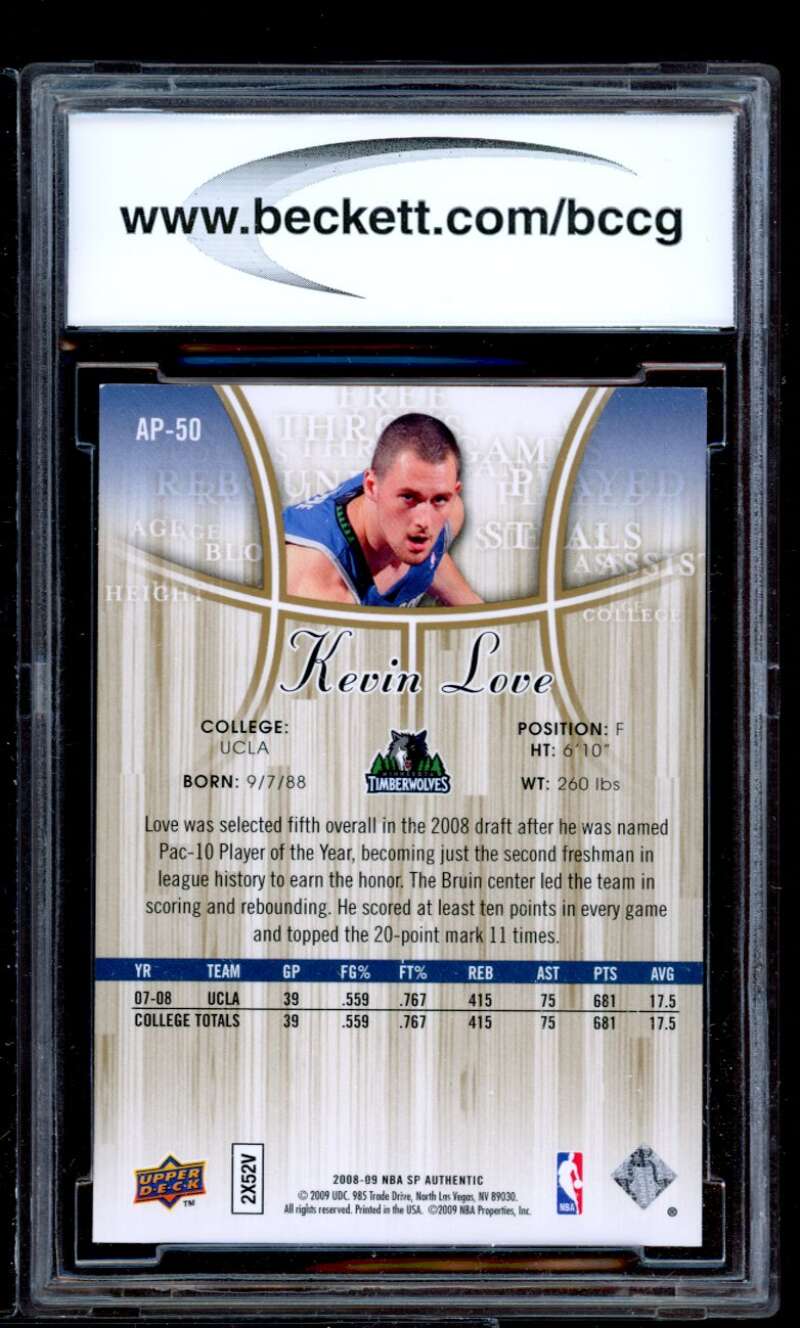 Kevin Love Card 2008-09 Sp Authentic Profiles #Ap50 BGS BCCG 9 Image 2