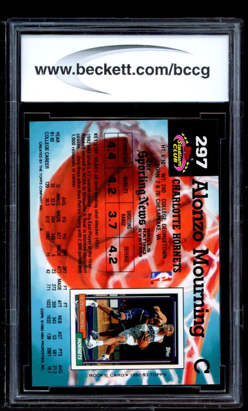 Alonzo Mourning Rookie Card 1992-93 Stadium Club #297 BGS BCCG 9 Image 2