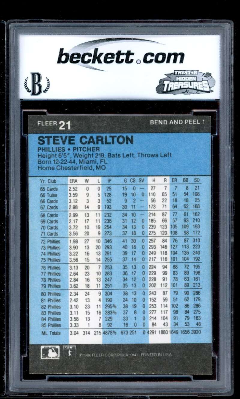 Steve Carlton Card 1986 Fleer Sticker Cards #21 BGS BCCG 9 Image 2