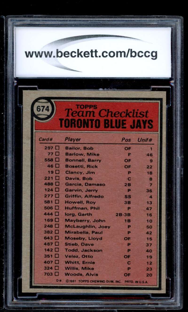 Blue Jays Team Mgr. Bobby Mattick Card 1981 Topps #674 BGS BCCG 9 Image 2