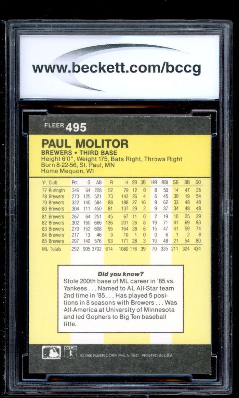 Paul Molitor Card 1986 Fleer #495 BGS BCCG 9 Image 2