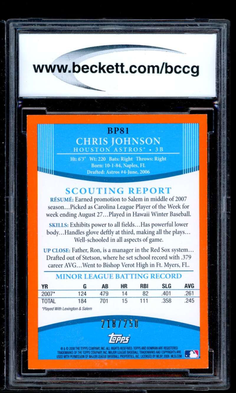 Chris Johnson Rookie Card 2008 Bowman Prospects Orange #Bp81 BGS BCCG 9 Image 2