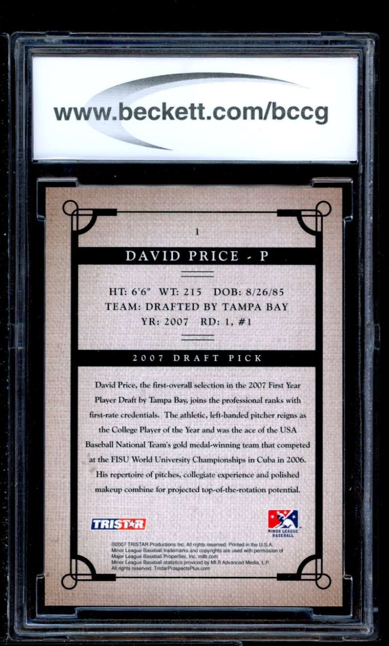 David Price Rookie Card 2007 Tristar Prospects Plus #1 BGS BCCG 9 Image 2