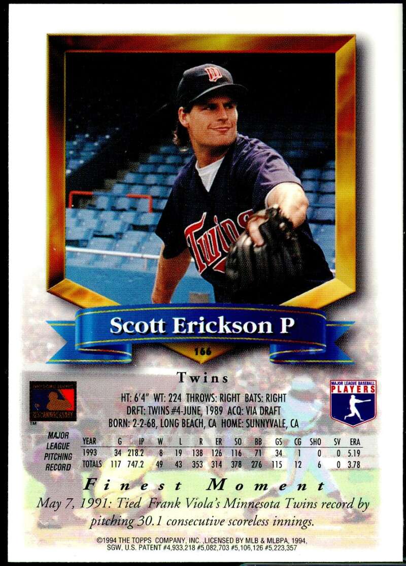 Scott Erickson Card 1994 Finest Refractors #166 Image 2