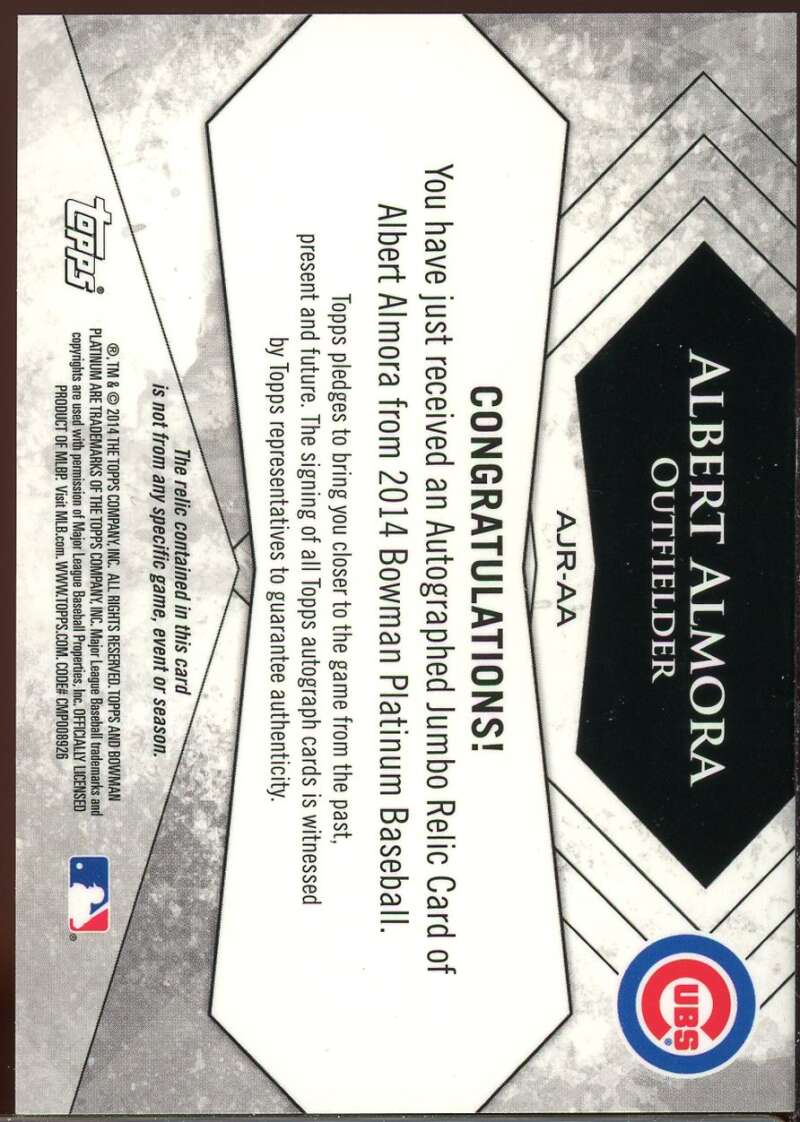 Albert Almora Rookie 2014 Bowman Platinum Jumbo Relic Auto Refractors #AJRAA Image 2