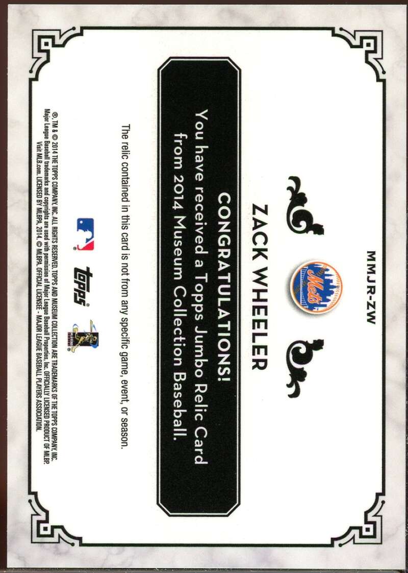 Zack Wheeler 2014 Topps Museum Collection Material Jumbo Relics Gold #MMJRZW Image 2