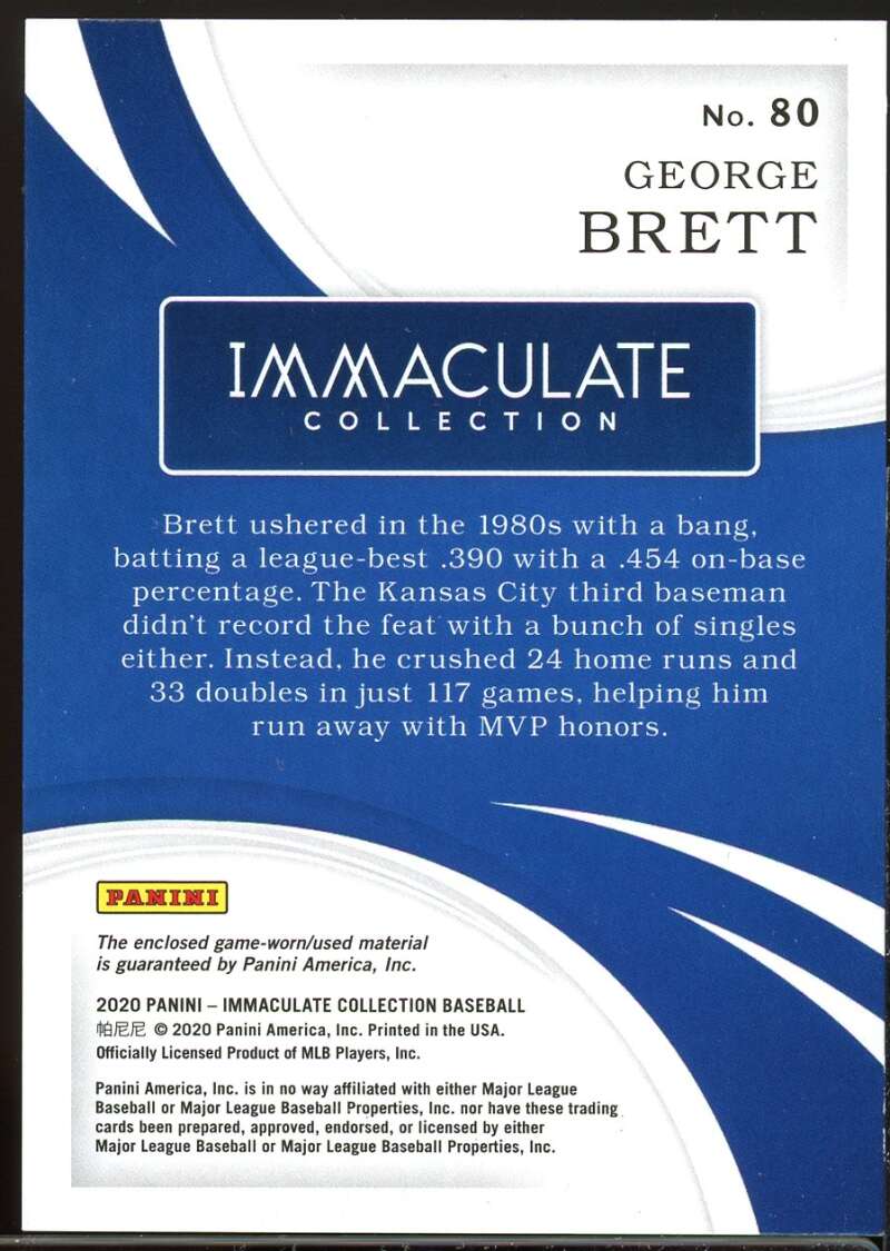 George Brett Card 2020 Immaculate Collection Legends Material Blue #28 /25 Image 2