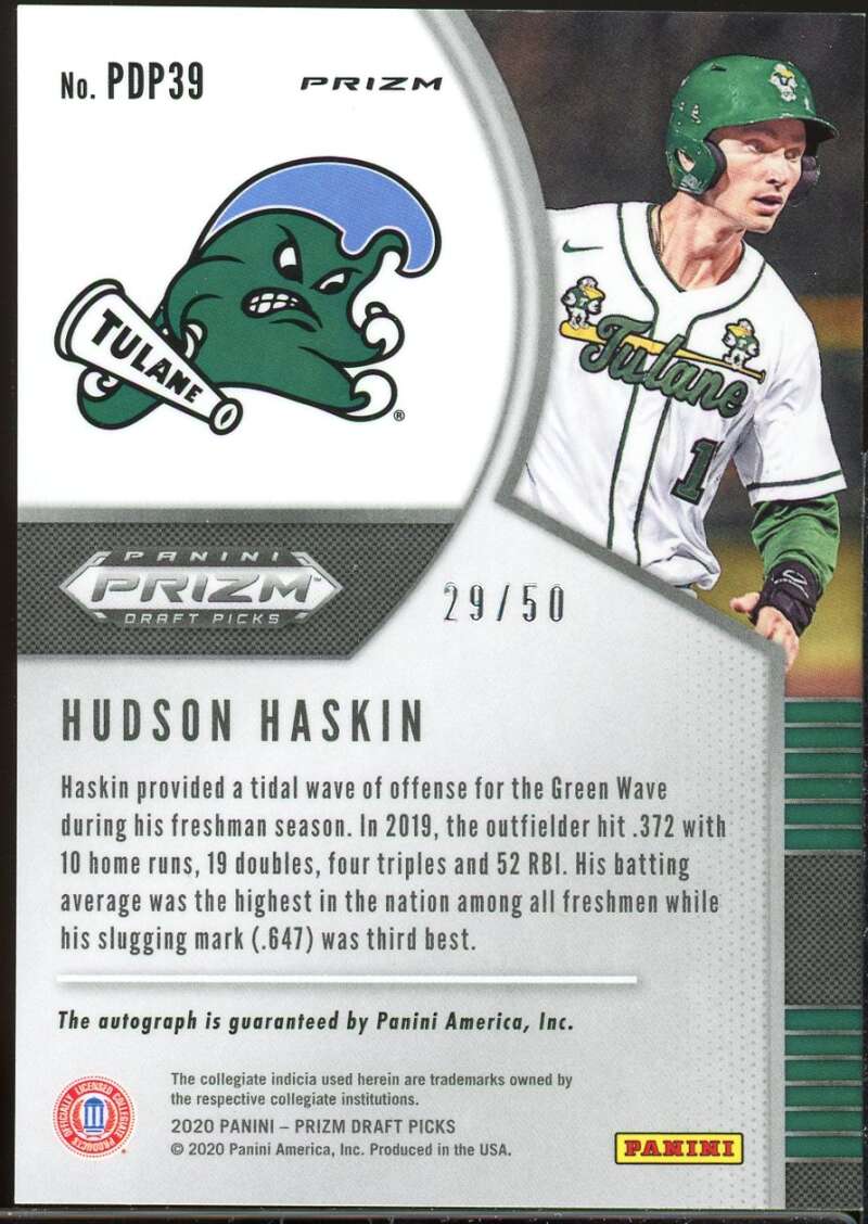 Hudson Haskin Rookie 2020 Panini Prizm Draft Picks Base Auto Prizms Red #39 /50 Image 2