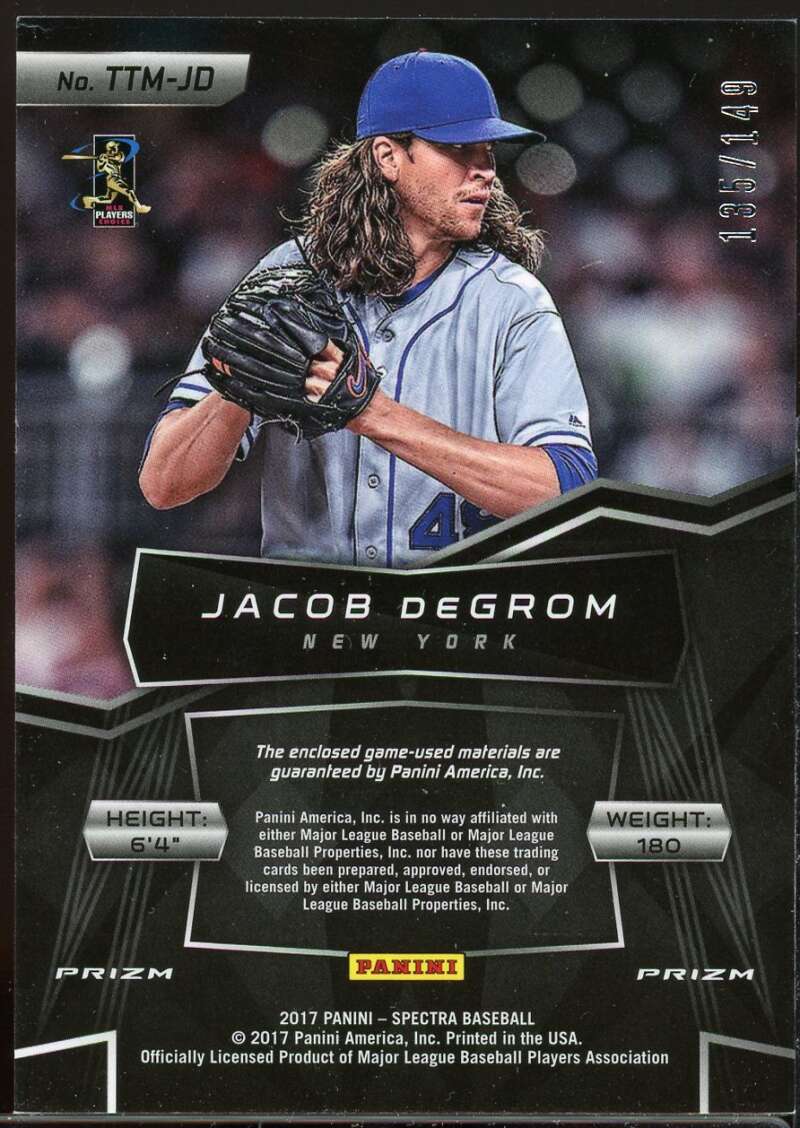 Jacob deGrom Card 2017 Panini Spectra Triple Threat Materials #40 /149 Image 2