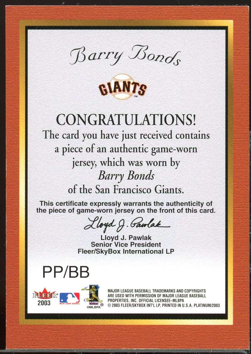 Barry Bonds Fleer Box Score Sf Giants Game Worn Jersey