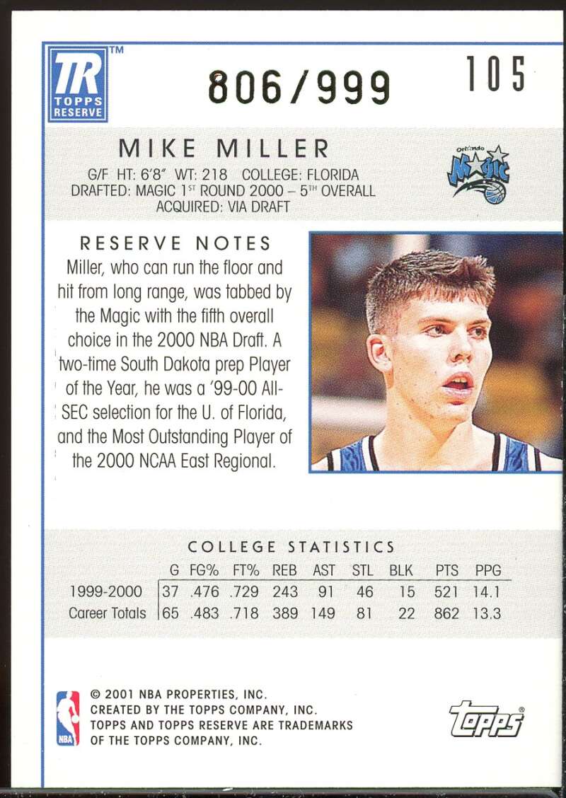 Mike Miller Rookie Card 2000-01 Topps Reserve #105 /999 Image 2