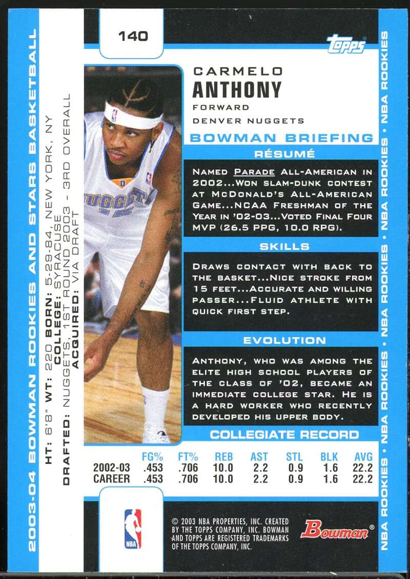 Carmelo Anthony Rookie Card 2003-04 Bowman #140 Image 2