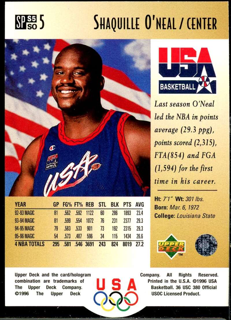 Shaquille O'Neal Card 1996 Upper Deck USA SP Career Statistics Gold #S5 Image 2