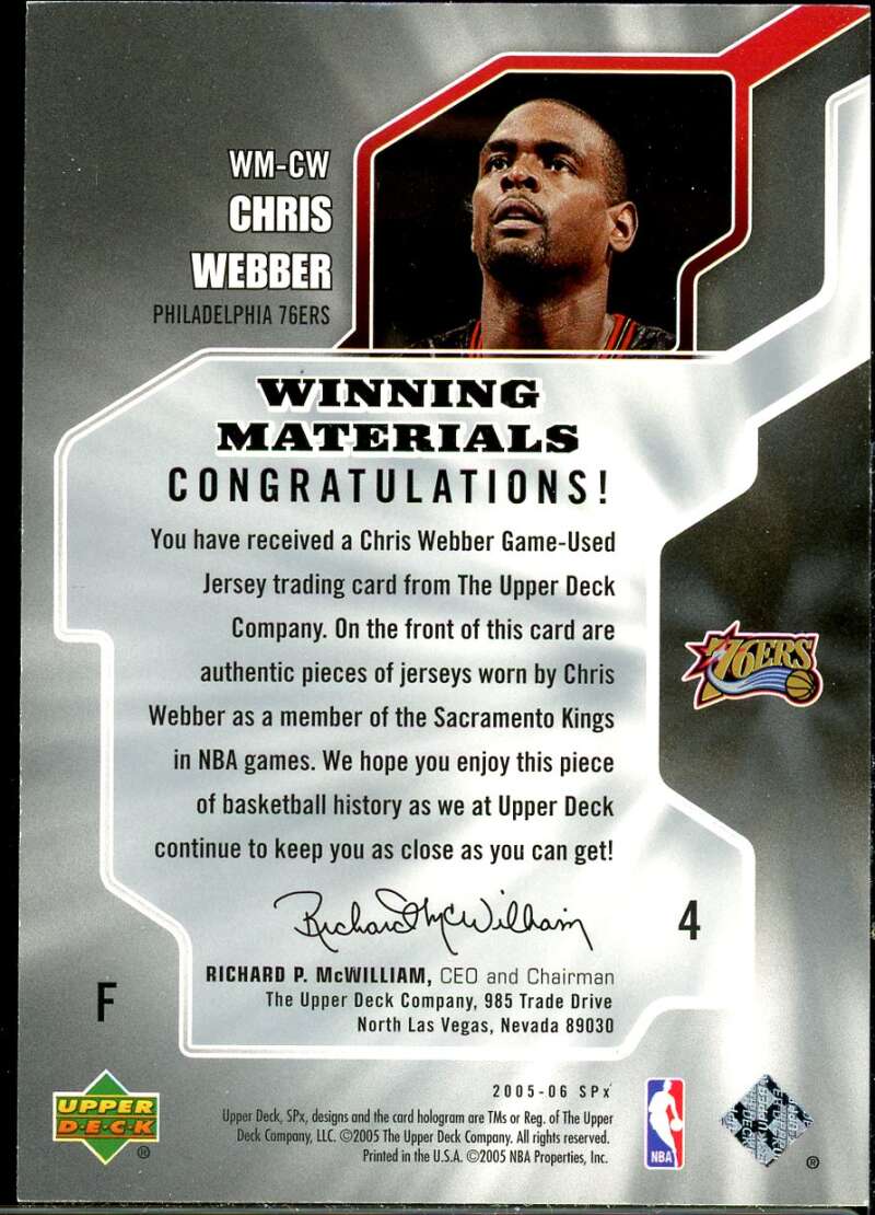 Chris Webber Card 2005-06 SPx Winning Materials #CW Image 2