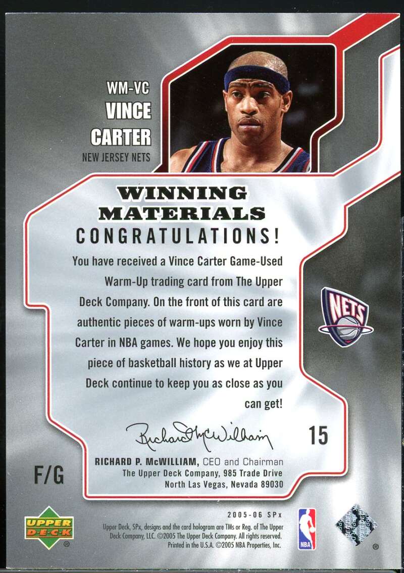 Vince Carter Card 2005-06 SPx Winning Materials #VC Image 2