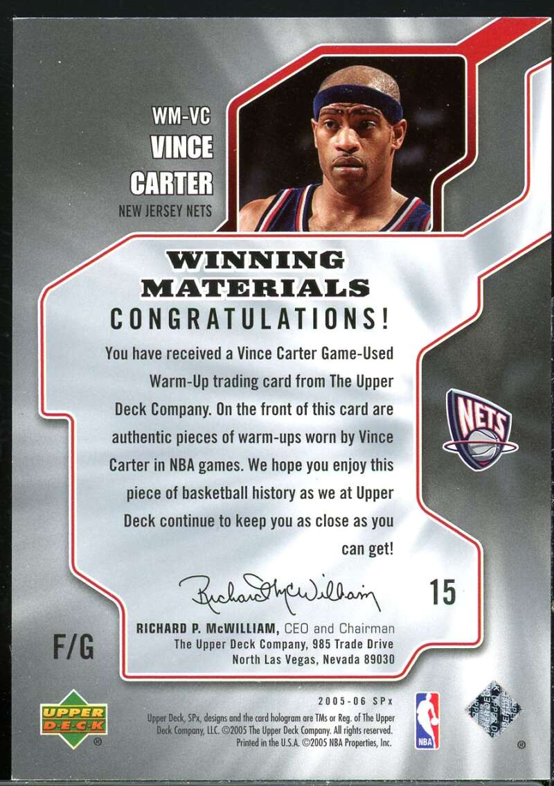 Vince Carter Card 2005-06 SPx Winning Materials #VC Image 2