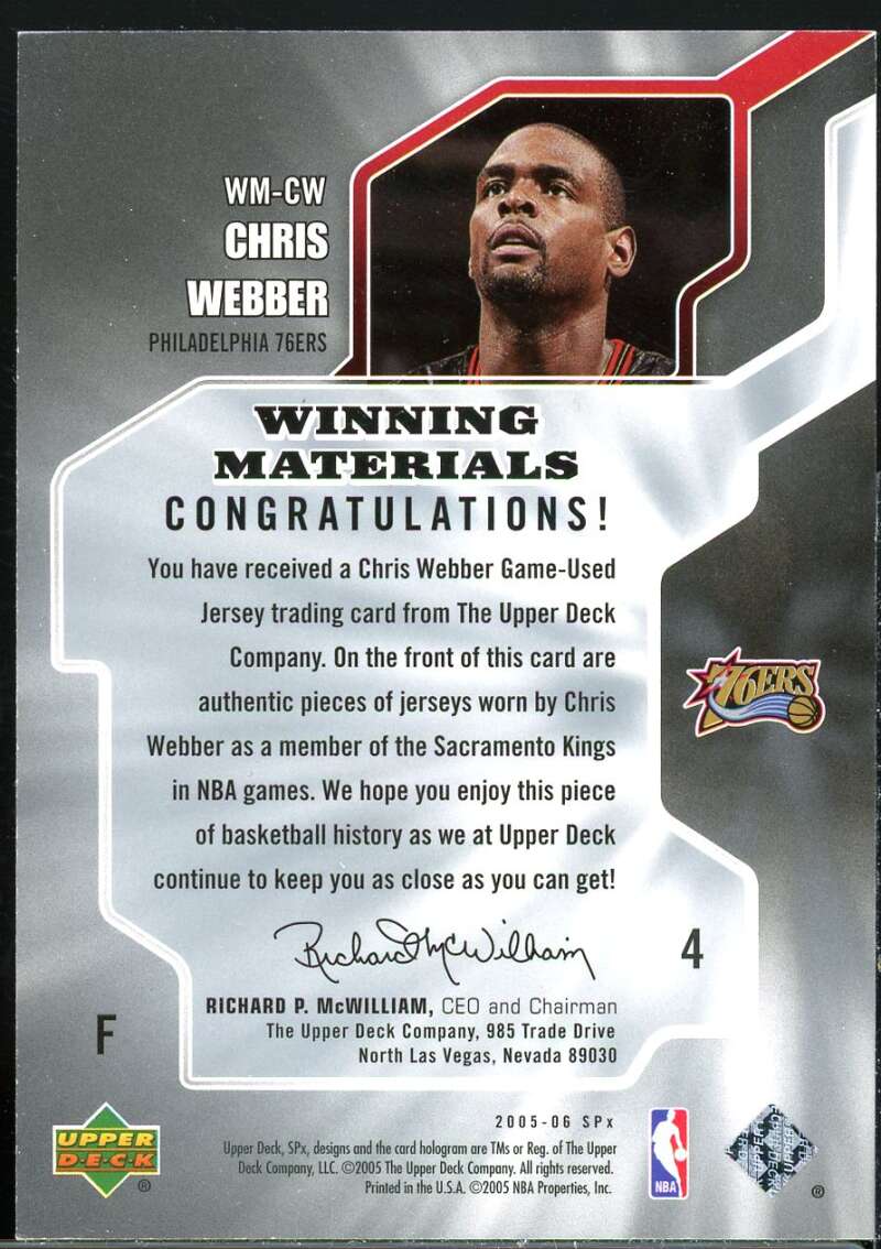 Chris Webber Card 2005-06 SPx Winning Materials #CW Image 2