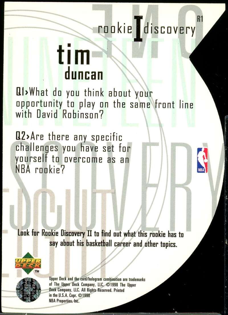 Tim Duncan Rookie Card 1997-98 Upper Deck Rookie Discovery 1 #R1 Image 2