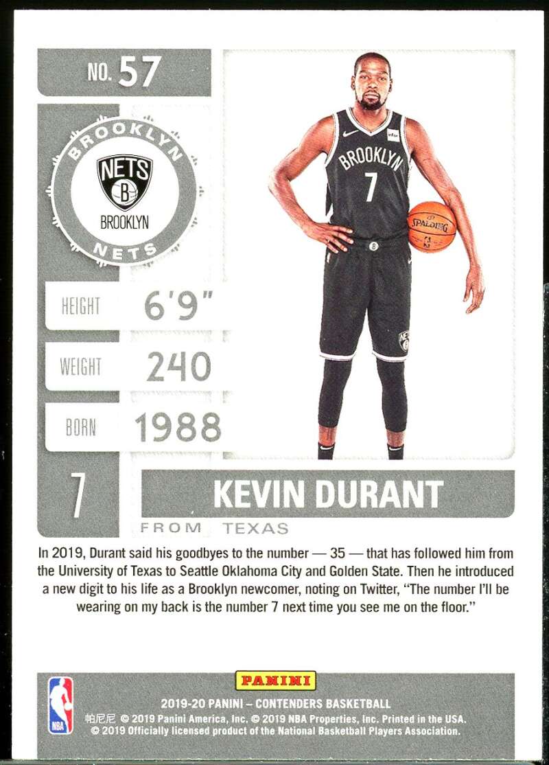 Kevin Durant Card 2019-20 Panini Contenders #57 Image 2