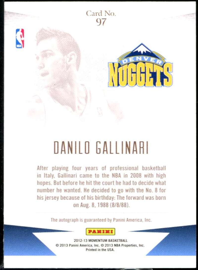 Danilo Gallinari Card 2012-13 Momentum Autographs Drive #97 /10 Image 2