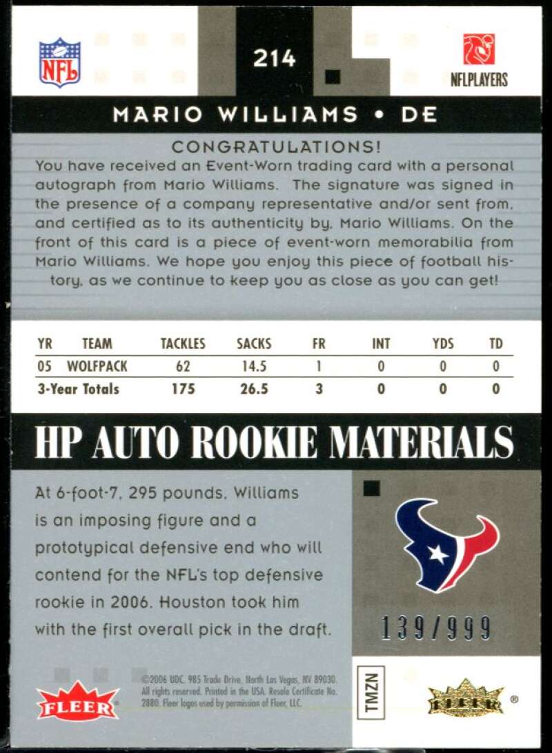 Mario Williams JSY AU Rookie Card 2006 Hot Prospects #214 Image 2