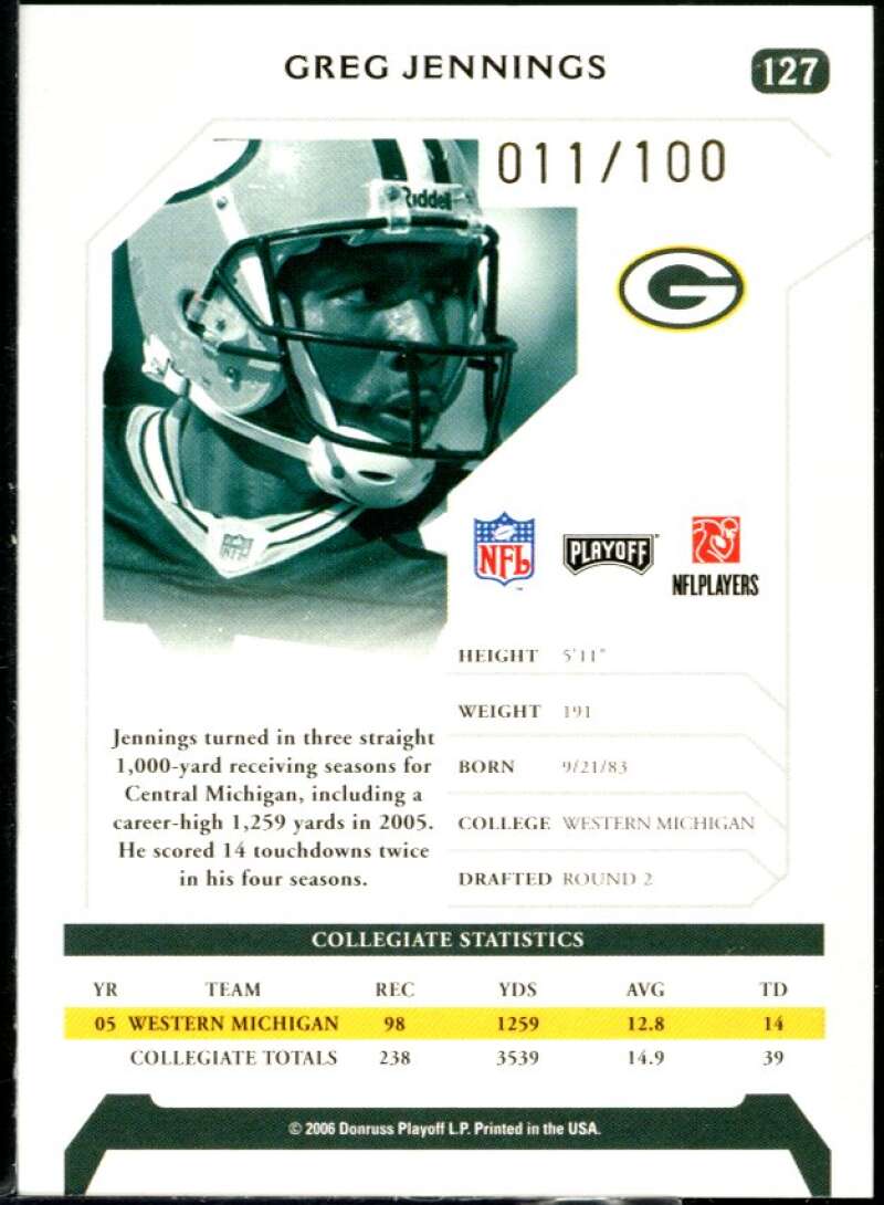 Greg Jennings Rookie Card 2006 Playoff NFL Playoffs Gold Proof #127 Image 2