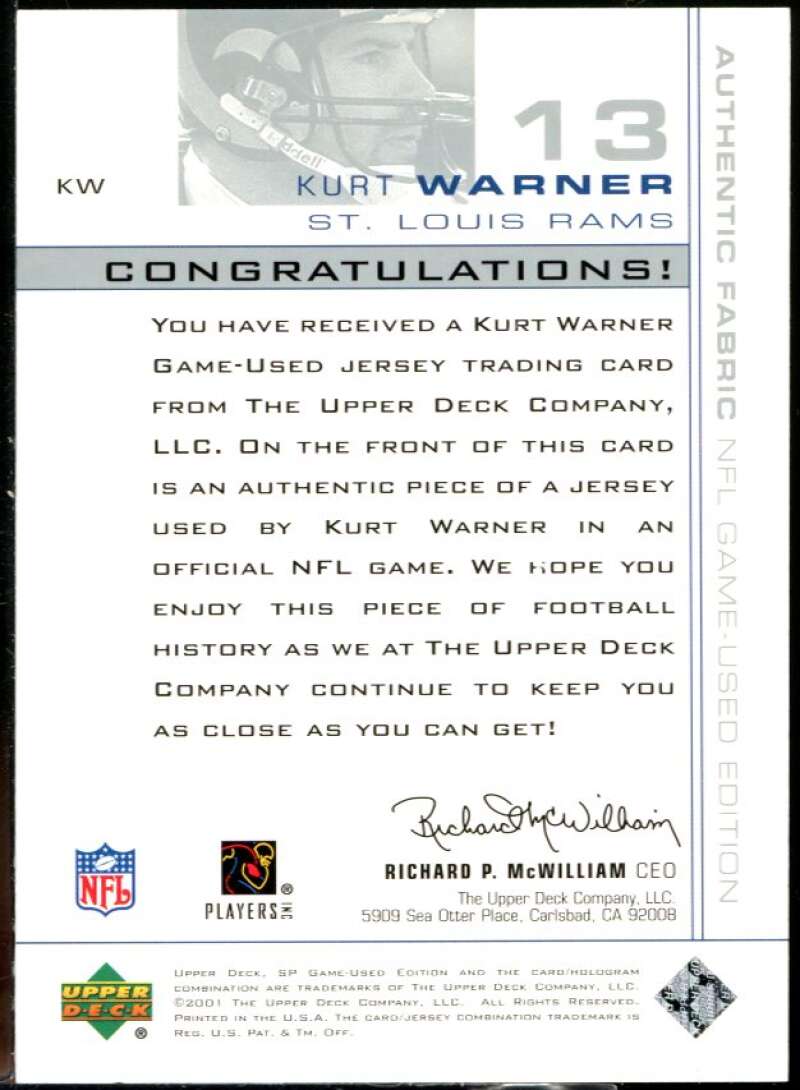 Kurt Warner Card 2001 SP Game Used Edition Authentic Fabric #KW Image 2