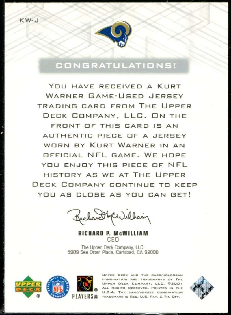 Kurt Warner Card 2001 Upper Deck Pros and Prospects Game Jersey #KWJ Image 2
