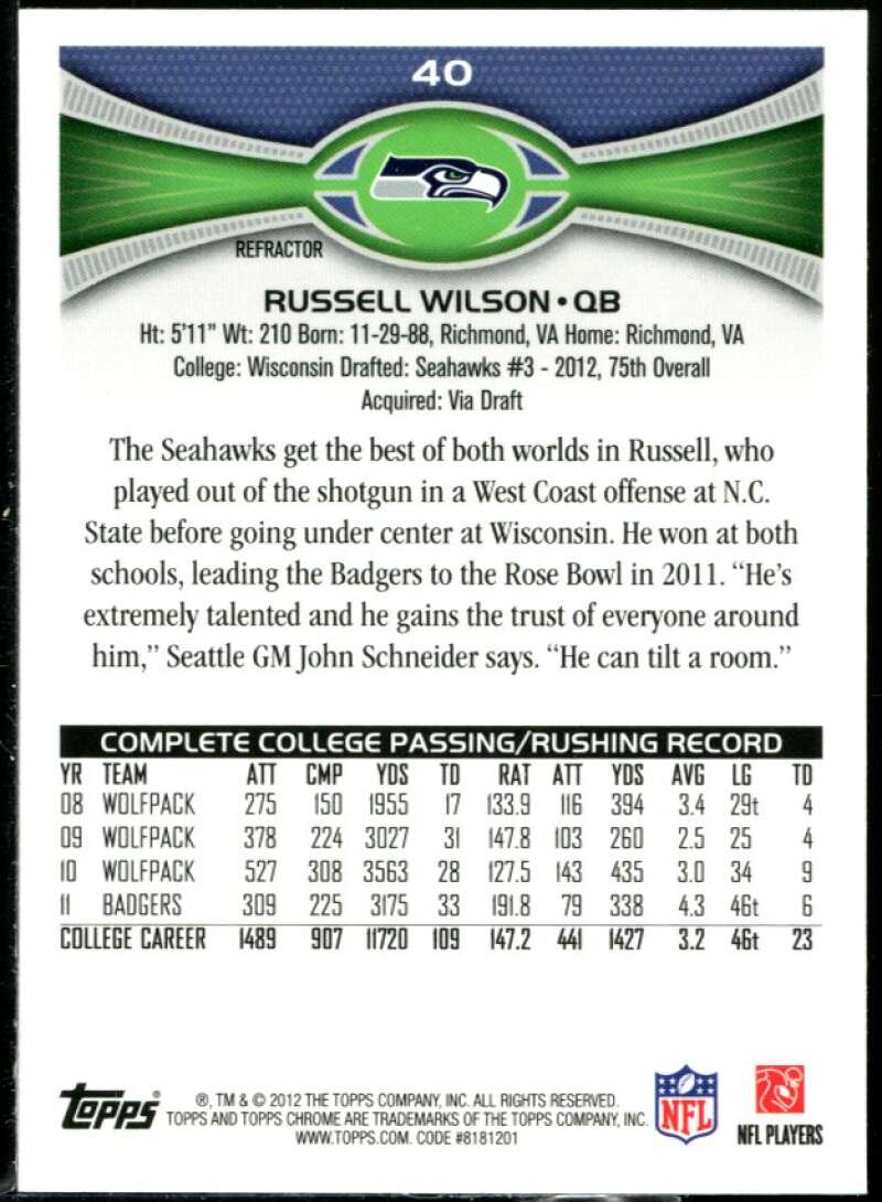 Russell Wilson Rookie Card 2012 Topps Chrome Xfractors #40 Image 2