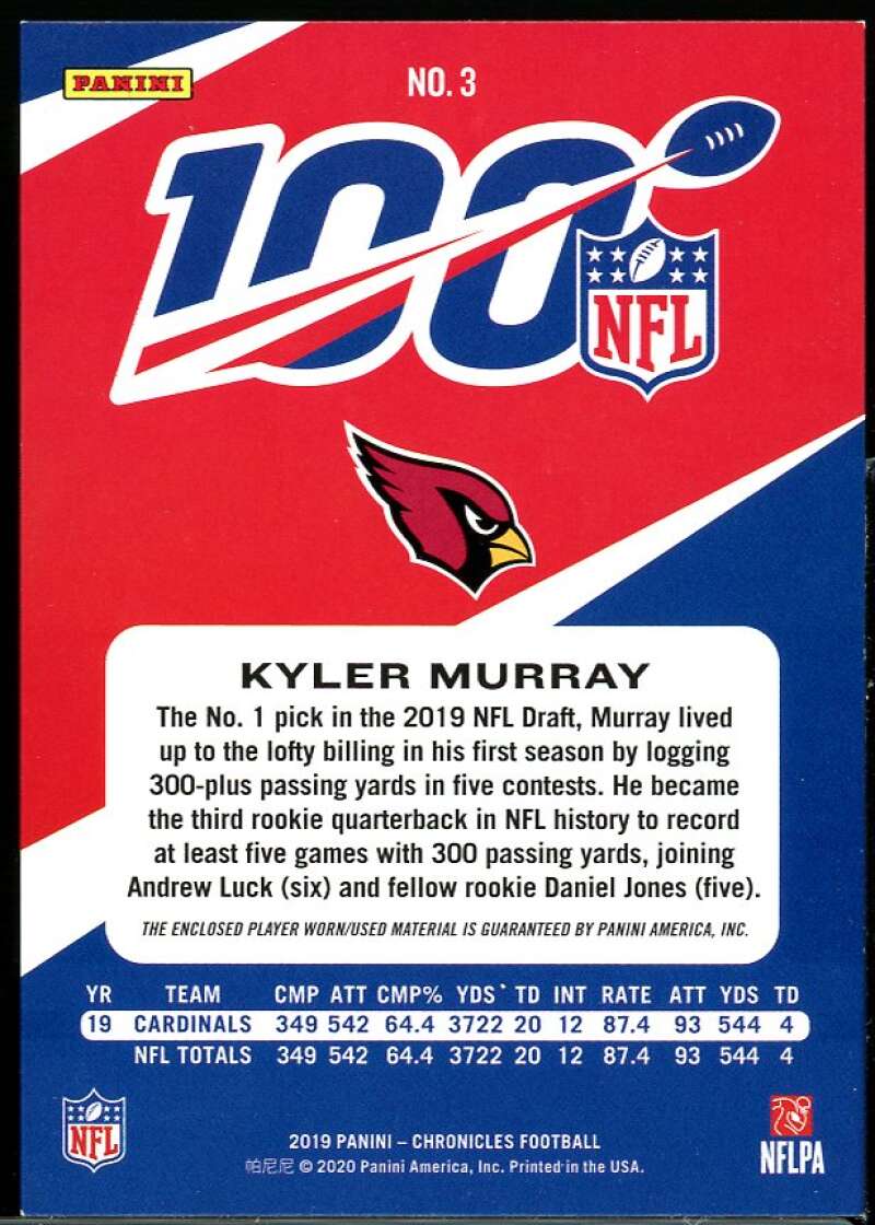 Kyler Murray Rookie Card 2019 Panini Chronicles Jerseys #3 /99 Image 2