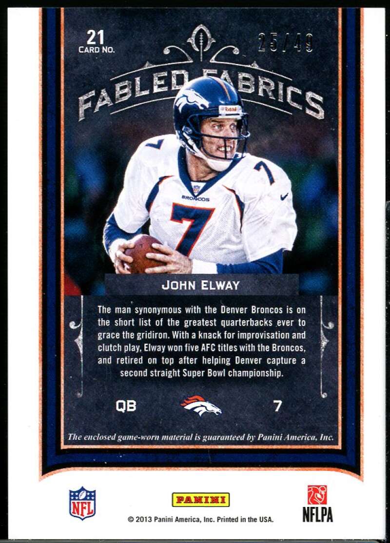 John Elway Card 2012 Panini Playbook Fabled Fabrics #21 /49 Image 2