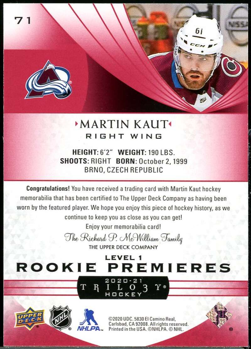 Martin Kaut JSY Rookie Card 2020-21 Upper Deck Trilogy Red #71 /499 Image 2