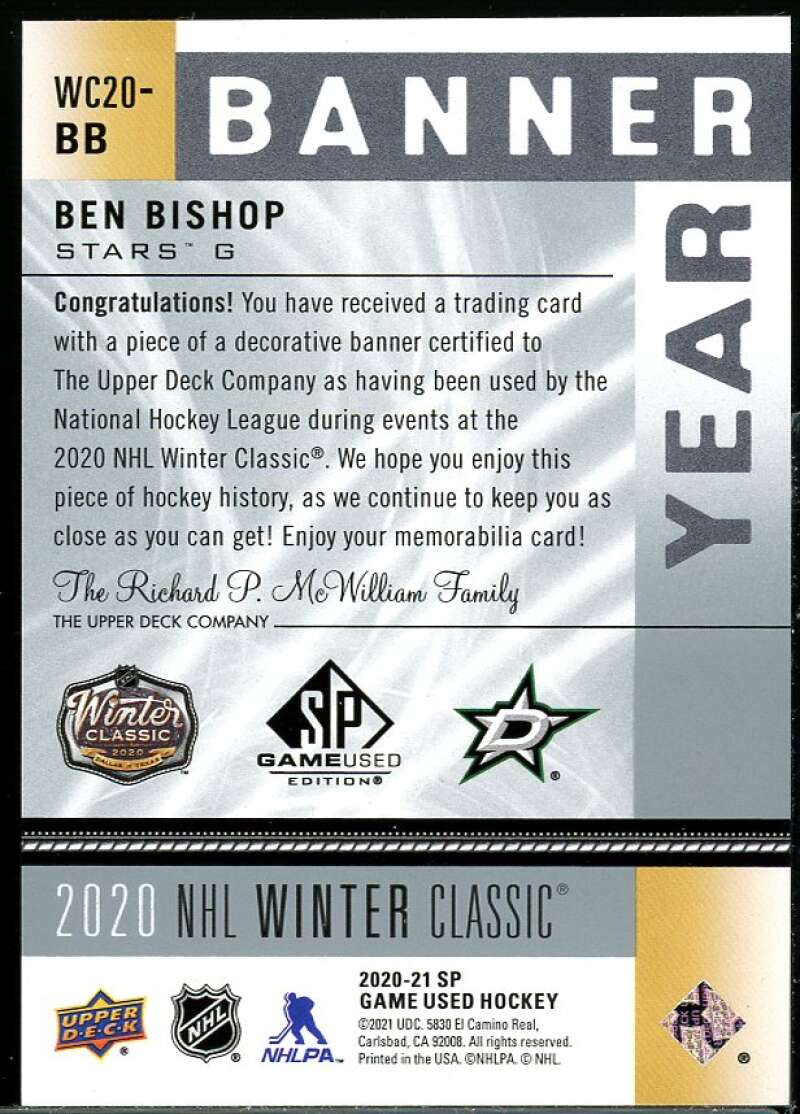 Ben Bishop Rookie 2020-21 SP Game Used Winter Classic Banner Year Relics #WC20BB Image 2