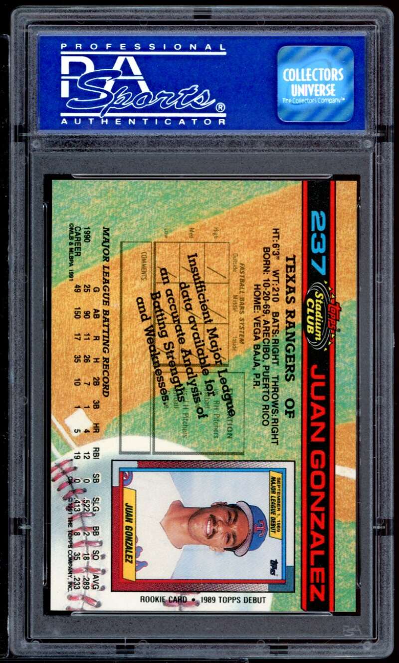 Juan Gonzalez Rookie Card 1991 Stadium Club #237 PSA 8 Image 2