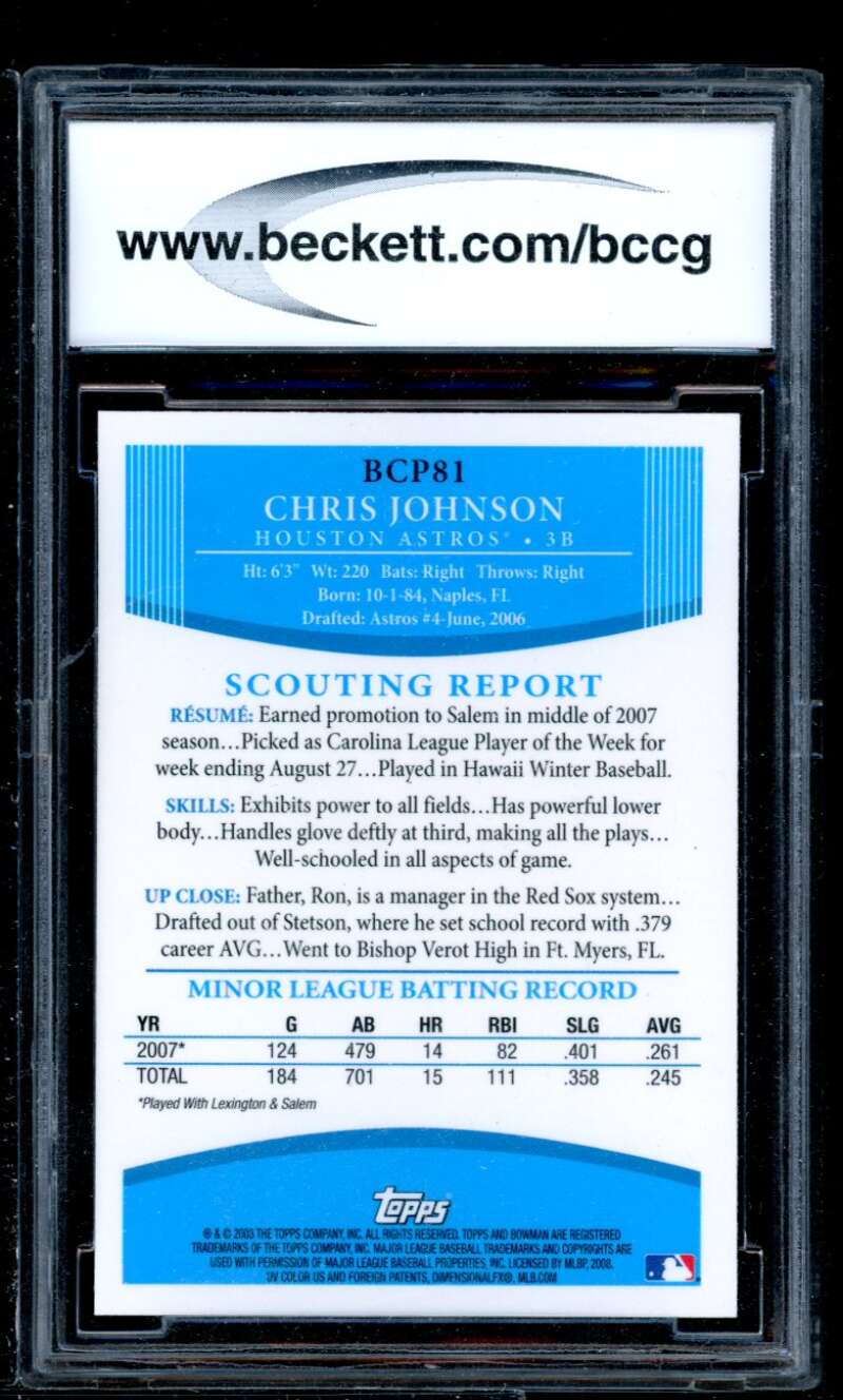 Chris Johnson Rookie Card 2008 Bowman Prospects Chrome #Bcp81 BGS BCCG 10 Image 2