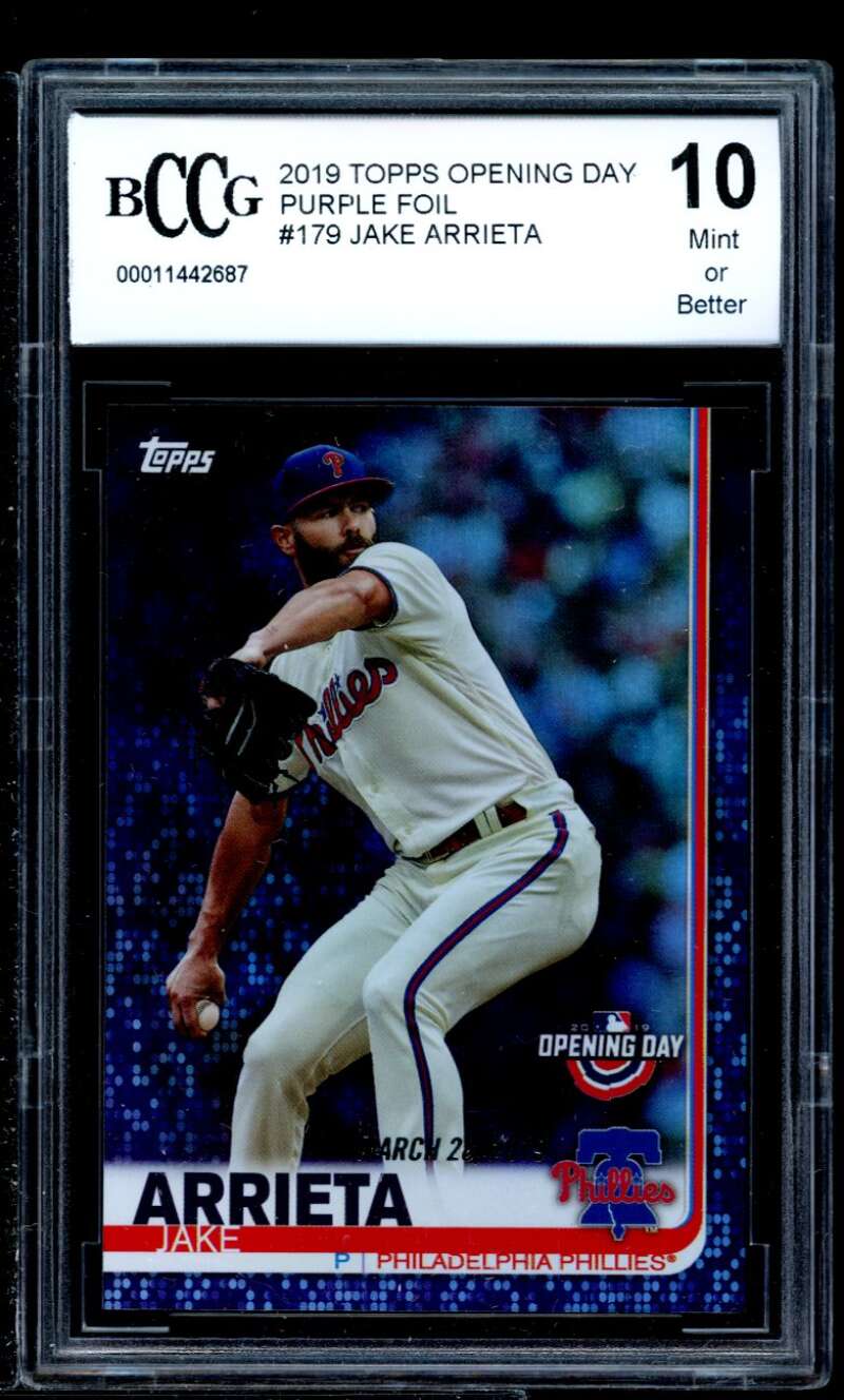 Jake Arrieta Card 2019 Topps Opening Day Purple Foil #179 BGS BCCG 10 Image 1