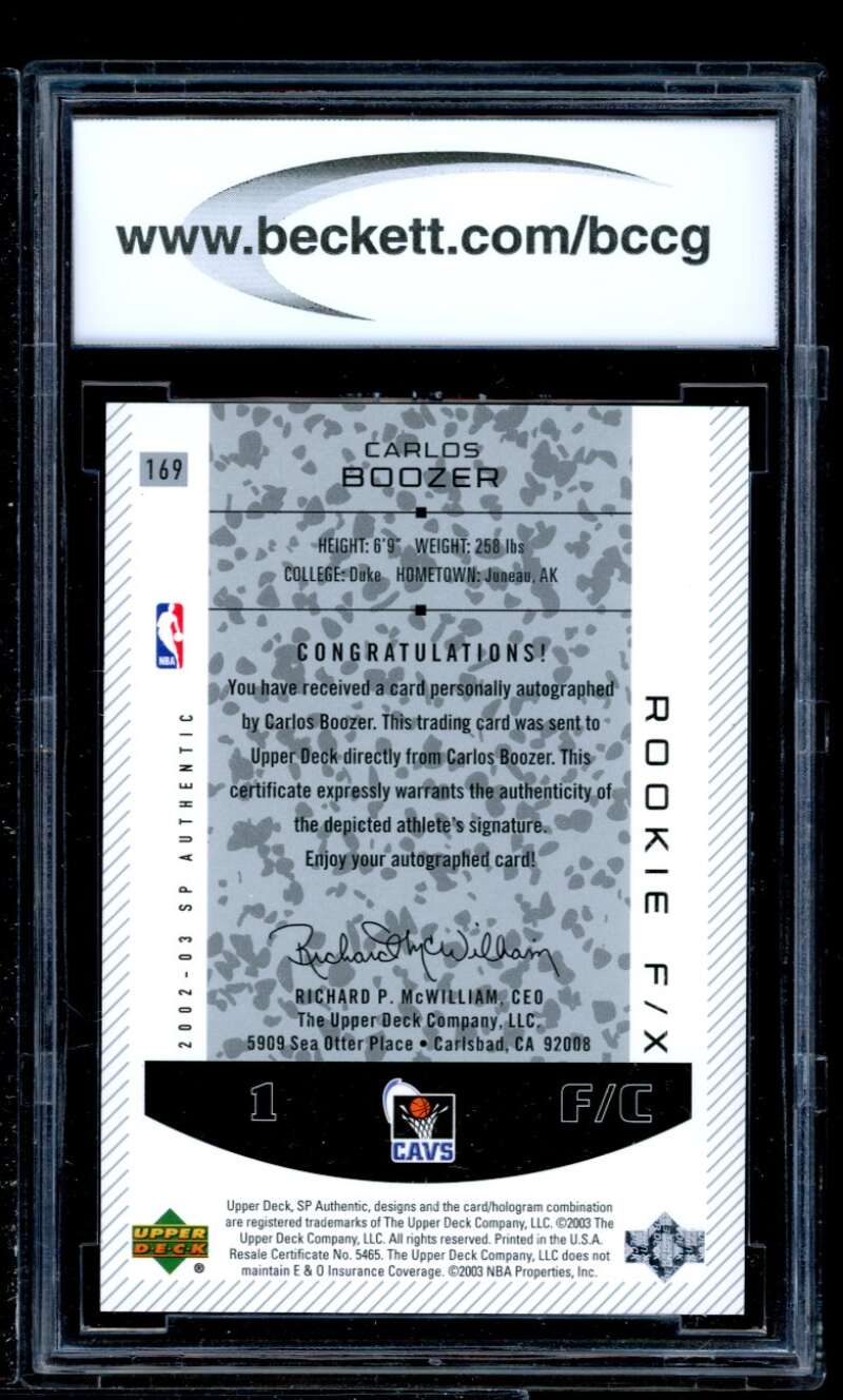 Carlos Boozer Au Rookie Card 2002-03 Sp Authentic #169 BGS BCCG 10 Image 2