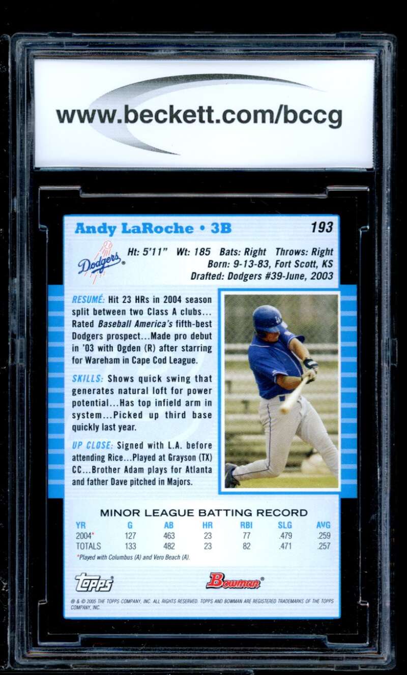 Andy Laroche Rookie Card 2005 Bowman #193 BGS BCCG 10 Image 2