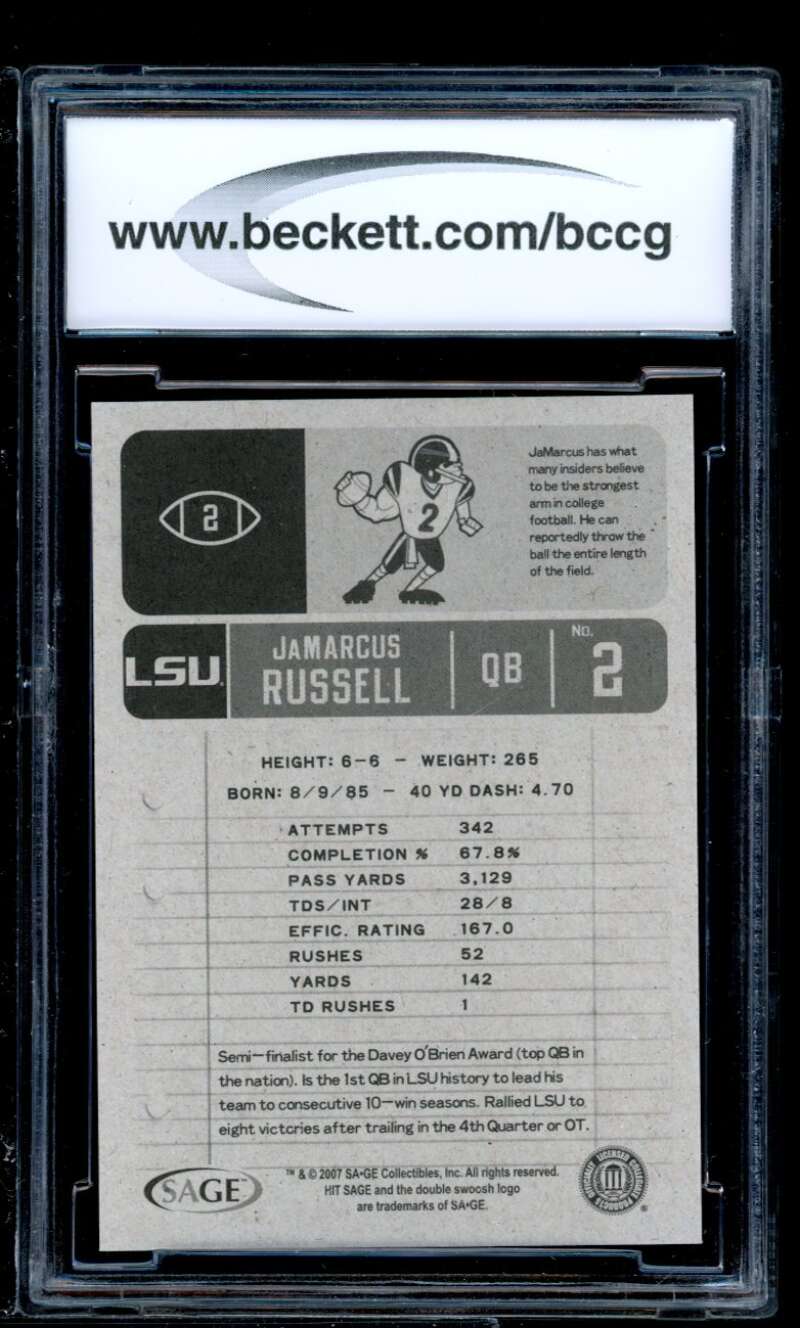 Jamarcus Russell Rookie Card 2007 Sage Hit #2 BGS BCCG 10 Image 2