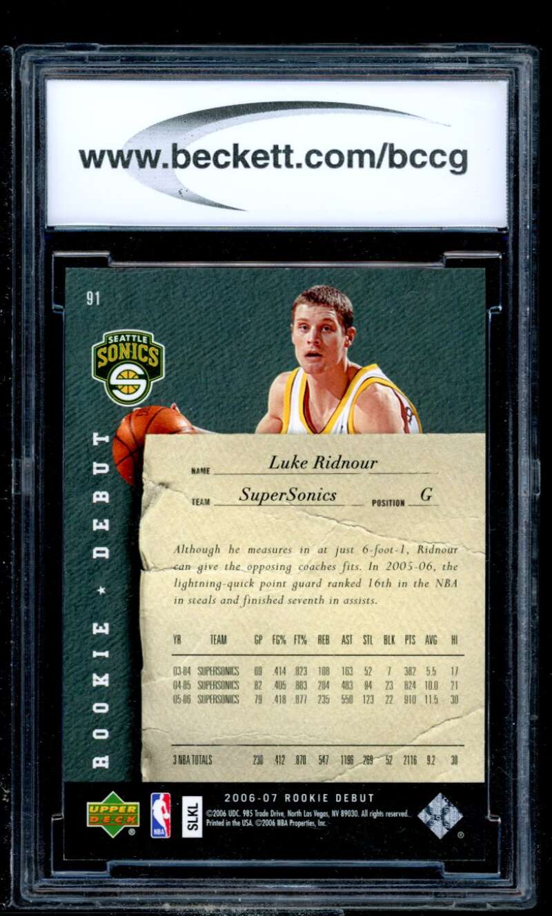 Luke Ridnour Card 2006-07 Upper Deck Rookie Debut #91 BGS BCCG 10 Image 2