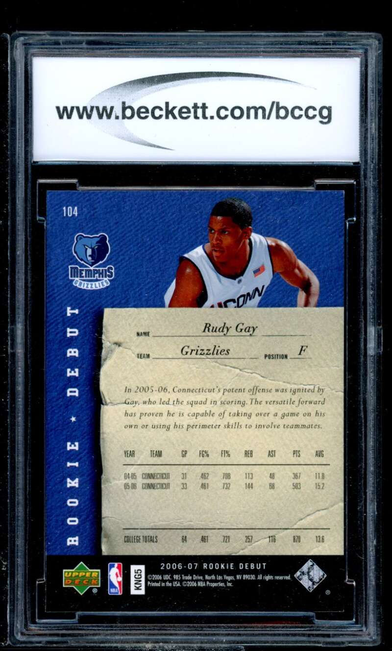 Rudy Gay Card 2006-07 Upper Deck Rookie Debut #104 BGS BCCG 10 Image 2