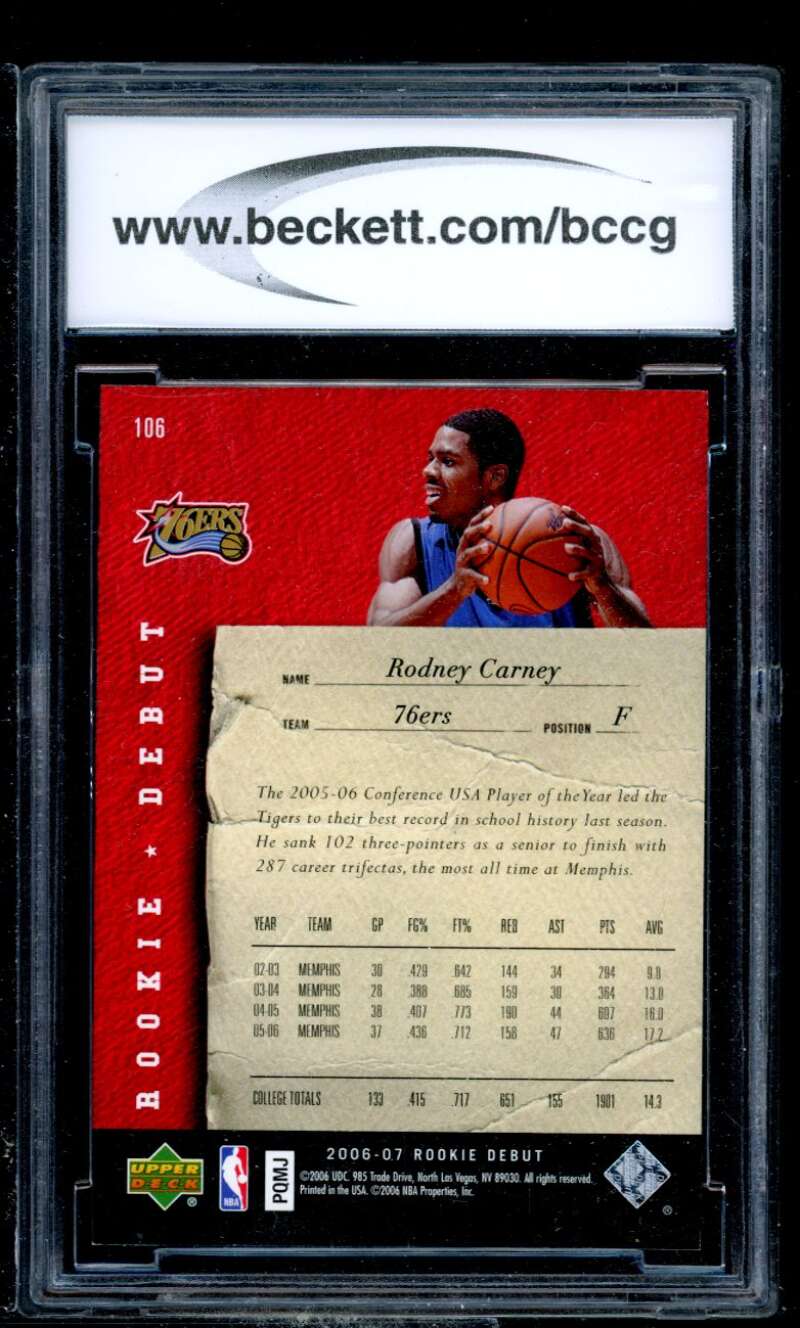 Rodney Carney Card 2006-07 Upper Deck Rookie Debut #106 BGS BCCG 10 Image 2