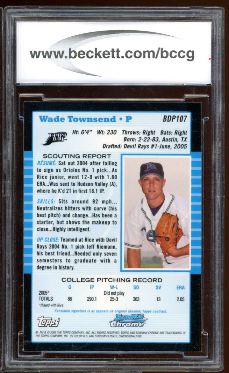 Wade Townsen Rookie Card 2005 Bowman Draft Picks Chrome #Bdp107 BGS BCCG 10 Image 2